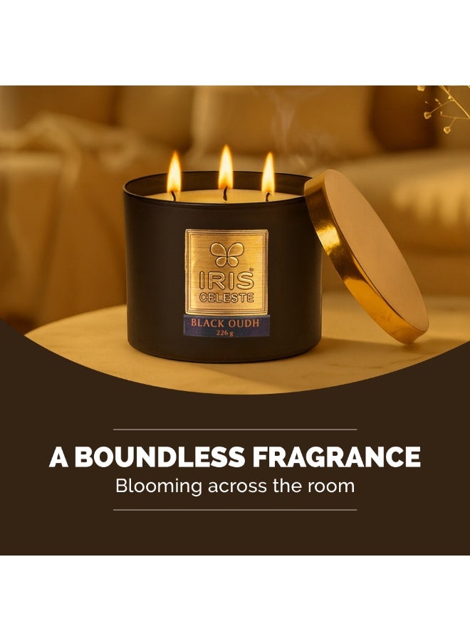 IRIS CELESTE Black Oud Jar Candle with lid - 226grams, 3 Wick Scented Candle 8oz | Warm Woody Fragrance | Perfect for Ramadan & Eid Gifts, Ceremonies, Meditation & Room Perfuming - Image 4